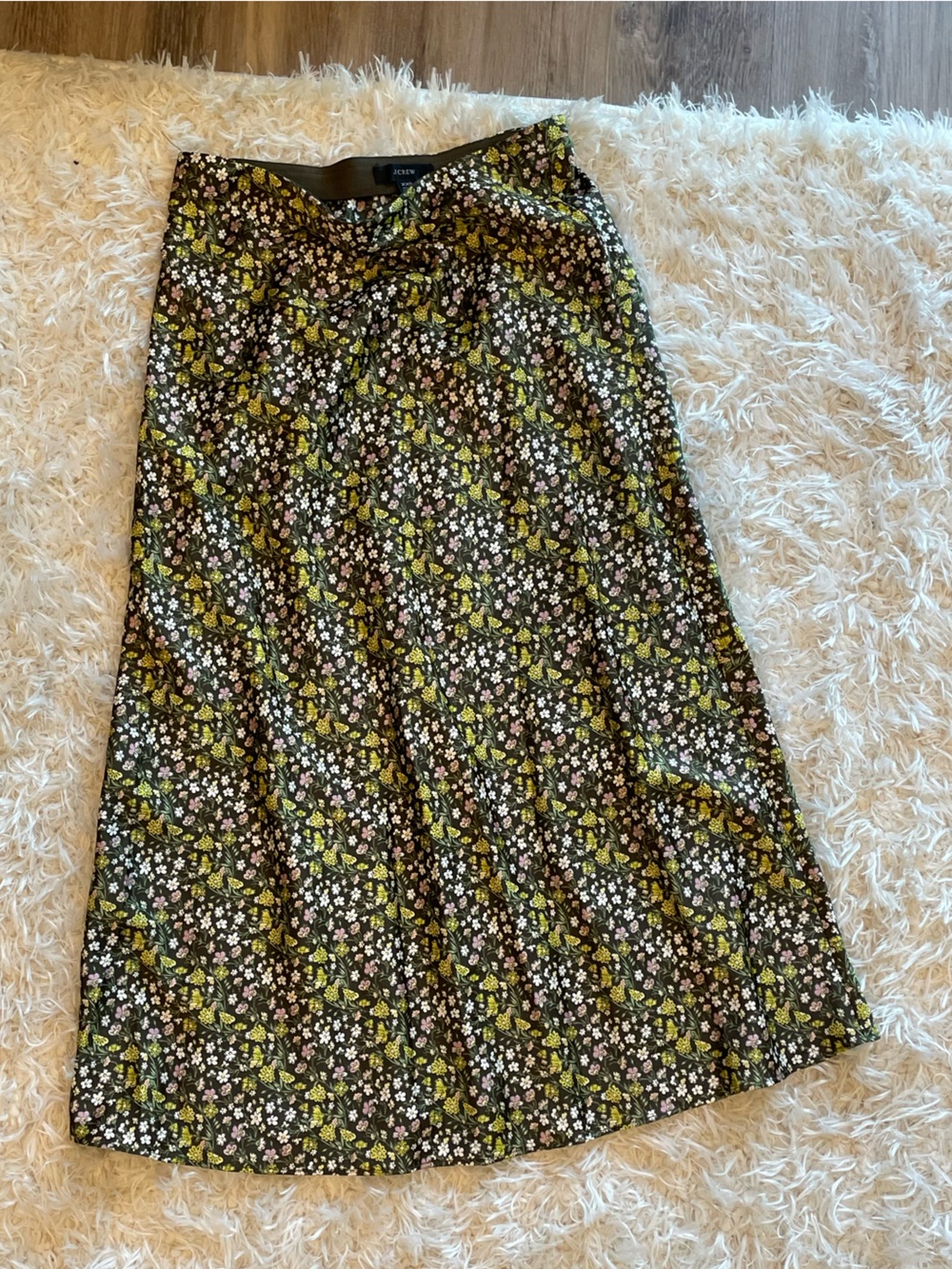 J. Crew Black Floral Midi Skirt with Green and White Accents
